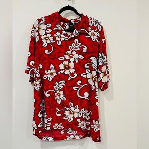 Red Floral Print Hawaiian Style Button Down Shirt By Squish Wear Size XL